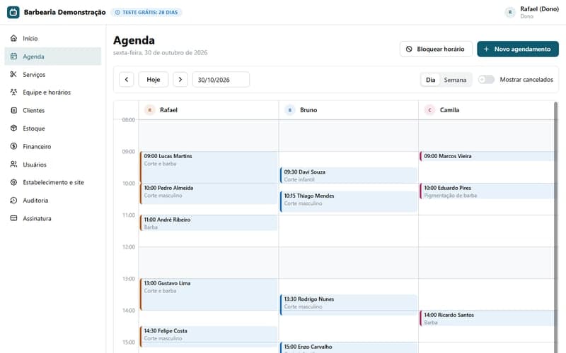 Agenda do dia no painel, com os atendimentos de três profissionais lado a lado